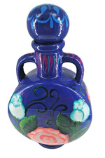 Double Handle Clay Pottery Liquor Decanter & Stopper Blue Floral Design 12.5