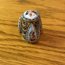 Beautiful Seamstress Filagree Russian Hand Painted Enamel Flower Thimble picture