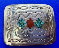 Native American Indian Turquoise Coral Chip Inlay Nickel Silver Belt Buckle  picture