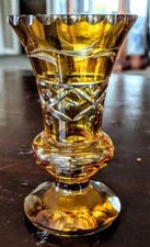 Vintage Bohemian Czech Amber Cut to Clear Etched Bud Vase picture