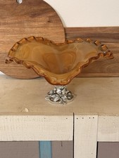 Italian Glass Compote Centerpiece Bowl Ruffle Rim Metal Base picture