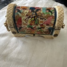 VINTAGE HAND PAINTED CAMEL BONE TRINKET BOX WITH GOLD COLOR HANDLES 4”x2”x1.75” picture