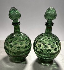 Two VTG MCM Wheaton Green Glass Honeycomb Decanter Genie Bottles W/ Stoppers picture