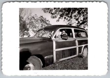 Vtg B&W Snapshot Man In Glasses Driving Vintage Woody Station Wagon Cars Early picture