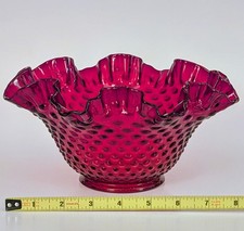 Vtg Fenton Double Crimped Ruffled Ruby Red Amberina Hobnail Glass 9