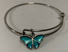 Butterfly Silvertone Slide Bracelet & Faux Turquoise Stone  Charm Adjustable picture