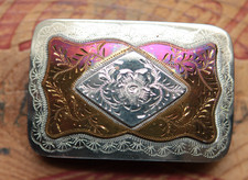 Vtg Hand Made J-B Western Creations Cowboy Cowgirl Diamond Belt Buckle picture