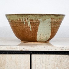 Mid Century Modern Round Bowl Studio Hand Thrown Large Blue Tan Brown Signed Mcm picture