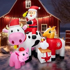 6FT Christmas Inflatables Santa Farm Scene with Blow Up Cow, Pig, picture