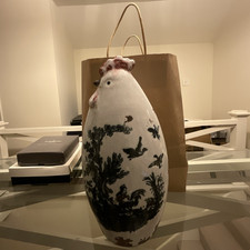 Ceramic Chicken/Hen Figurine White with Black Scenic Pattern Decorative picture