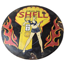 Vintage Shell Gasoline Sign - Gas Station Attendant Fill Up Pump Porcelain Sign picture