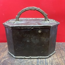 Antique Hexagonal Wood Design Brass/Copper? Box w handle 6.5”X4”X4.5” picture
