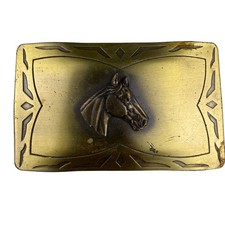 Vintage Brass Mens Western Belt Buckle Horse Head Design Rectangular 3.5