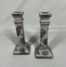 Pair of Porcelain Chinoiserie Oriental Macau Floral Candlestick Holders Set 2 picture