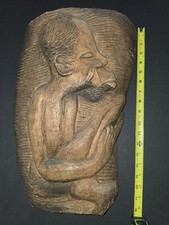 Vintage African Wood Carving Relief Seated Wise Man Shaman Makonde Tribal Art... picture