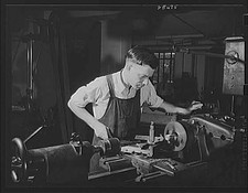 Photo:1910s Young Man Operating Lathe in Machine Shop Workshop picture
