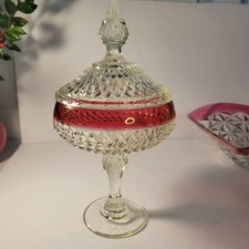 Vintage Indiana Glass Ruby Red Diamond Point Pedestal Covered Compote picture