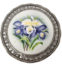 Antique Max Dannhorn Fine Porcelain Serving Tray Metal Ornate Frame Iris Design picture
