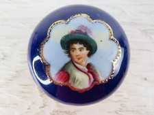 Royal Blue Medallion Cobalt Trinket Dish With Lid Germany Cameo Woman Gold Trim picture