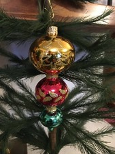 VINTAGE-NEW Art-Pol Gold/Red/Gr Triple Ball Drop Finial Glass Ornaments Poland picture