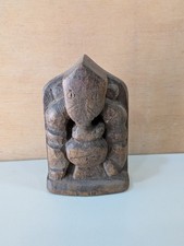 Vintage Hand Carved Wood Lord Ganesha Statue Folk Art Primitive Wooden Idol picture