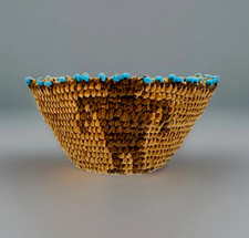 Antique Pima or Pomo Miniature Coiled Basket Turquoise Beads Native American picture
