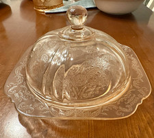 Vintage Pink Depression Glass Butter Dish Floral Pattern, Square Base, 2-Piece picture