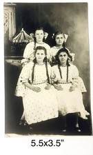 Antique RPPC Photograph Four Girls in Braids Bows & Dresses - Postcard picture
