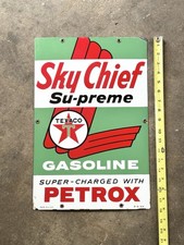 1959 Texaco Sky Chief Su-preme Gasoline Porcelain Sign Super-Charged Petrox 18” picture