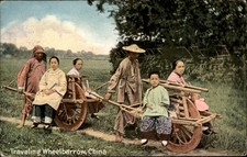 China - Wheelbarrow Good Message MAILED MULTIPLE SHANGHAI CANCELS Postcard bhn picture