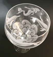 Hand Etched Italian Crystal Goblet Sandblasted Wine Glass 17oz Mermaid Dolphins picture