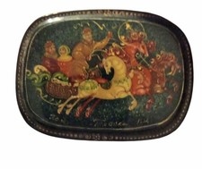 VTG Russian Troika Palekh Hand Painted Lacquer Oval Trinket Box Folk Art Signed picture