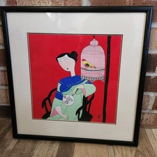 HU YONGKAI Style Watercolor Gouache Art Piece Modernist Lady & Bird Colorful Art picture