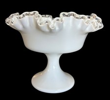 Fenton Silvercrest Compote Milk Glass Pedestal Base Scalloped Ruffled Clear Rim picture