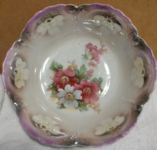 Antique Vintage Serving Bowl Flowers Pink Purple Lavender Iridescent Germany picture