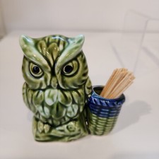 Sweet Little Vintage Blue & Green Owl Toothpick Holder Ceramic Pottery 1970s MCM picture