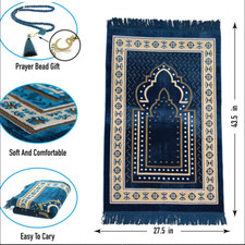 Blue Velvet Muslim Prayer Mat Rug Sajjadah + Prayer Beads Islamic Ramadan Gift picture