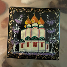 Vintage Hand-Painted Russian Black Lacquer Trinket Box - St. Basil’s picture