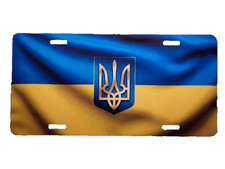 Ukraine Flag License Plate Aluminum Ukrainian Trident Coat of Arms Car Vanity Ta picture