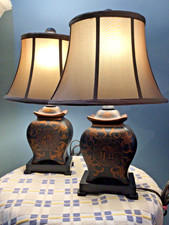 2 Asian-Lamps Pagoda Porcelain Ginger Urn 19” Medallion Motif & Bell Shades picture