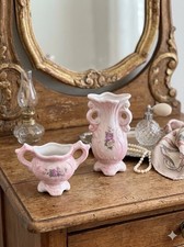 Vintage Pink Lusterware Bud Vase Set Iridescent Ceramic Floral Mini Vases Pair picture