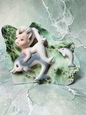 Vintage ENESCO MERMAID GIRL ON DOLPHIN Fish Ceramic Wall Plaque Hanging 🐚 picture
