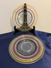 Vintage Set Of 3 Anchor Hocking Plates Ring Ding Yellow Red Black Bands 8 1/4” picture