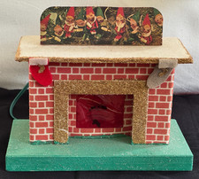 Vintage Putz Glowing Fireplace Cardboard Mica Christmas Mantel Scene With Elves picture