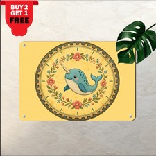 Whimsical Ocean Narwhal Dial Design Tin Sign Floral Nursery Metal Plaque picture