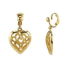 1928 Jewelry Filigree Heart Clip-On Earrings Gold Non-Piercing USA picture