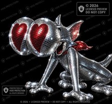 Silver Red Shiny Metal Cat Figurine with Heart Eyes, Animals Theme, 2026 picture