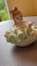 Vintage Irish Dresden Angel Girl Bunny Figurine “Angel Doll” Green Dress picture
