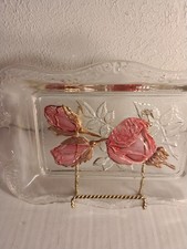 Beautiful Antique Goofus Glass Clear w/ Red Roses Vanity Tray picture