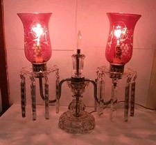 Vintage Double Arm Cranberry Etched Cut  Mantle Luster Lamp 13.75